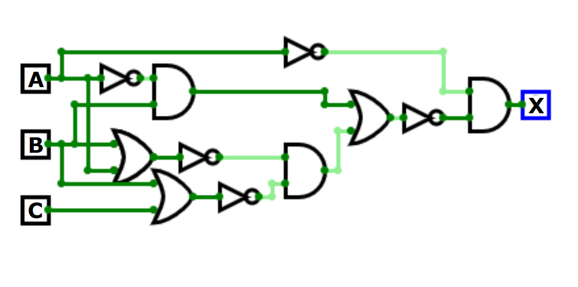 Complex circuit with NOT, AND, and OR gates